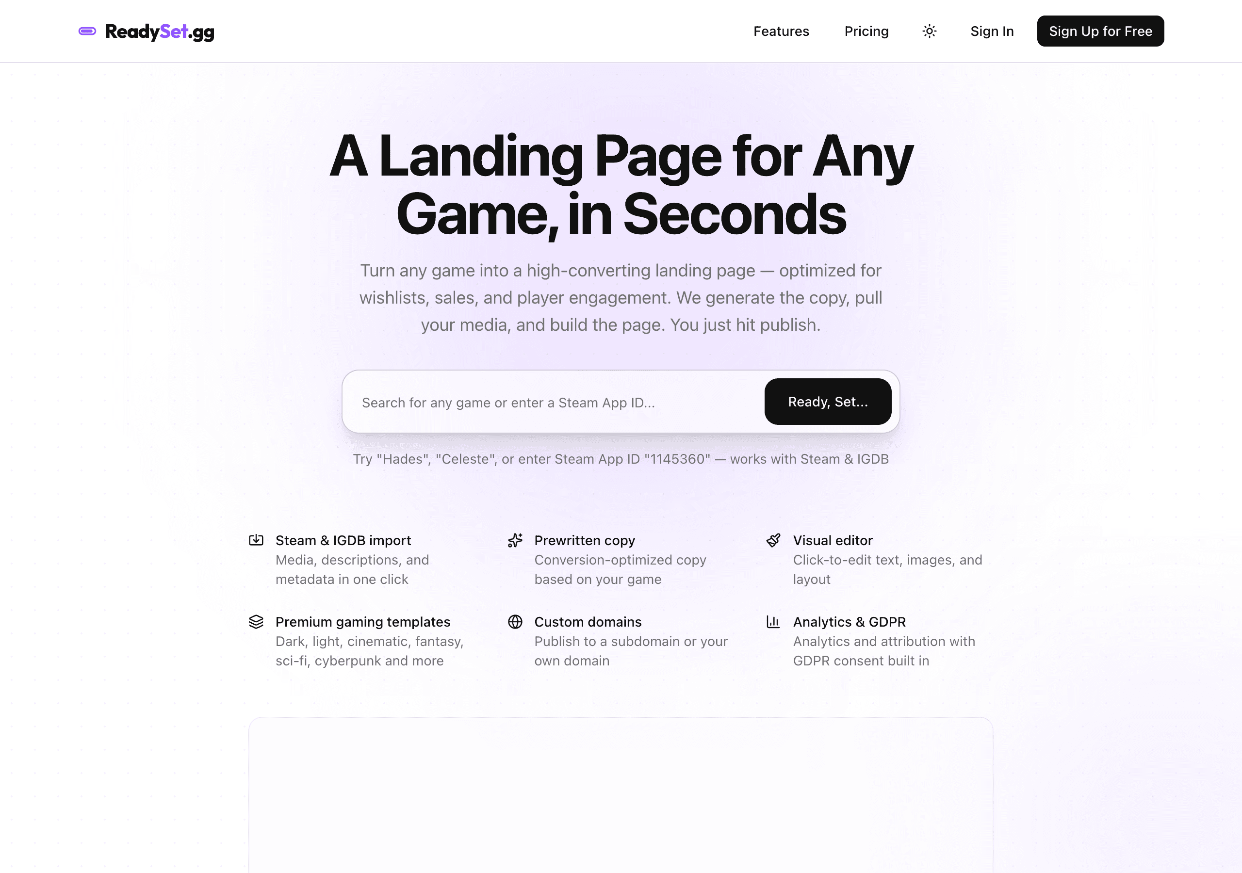 ReadySet.gg — AI-powered landing page builder for games