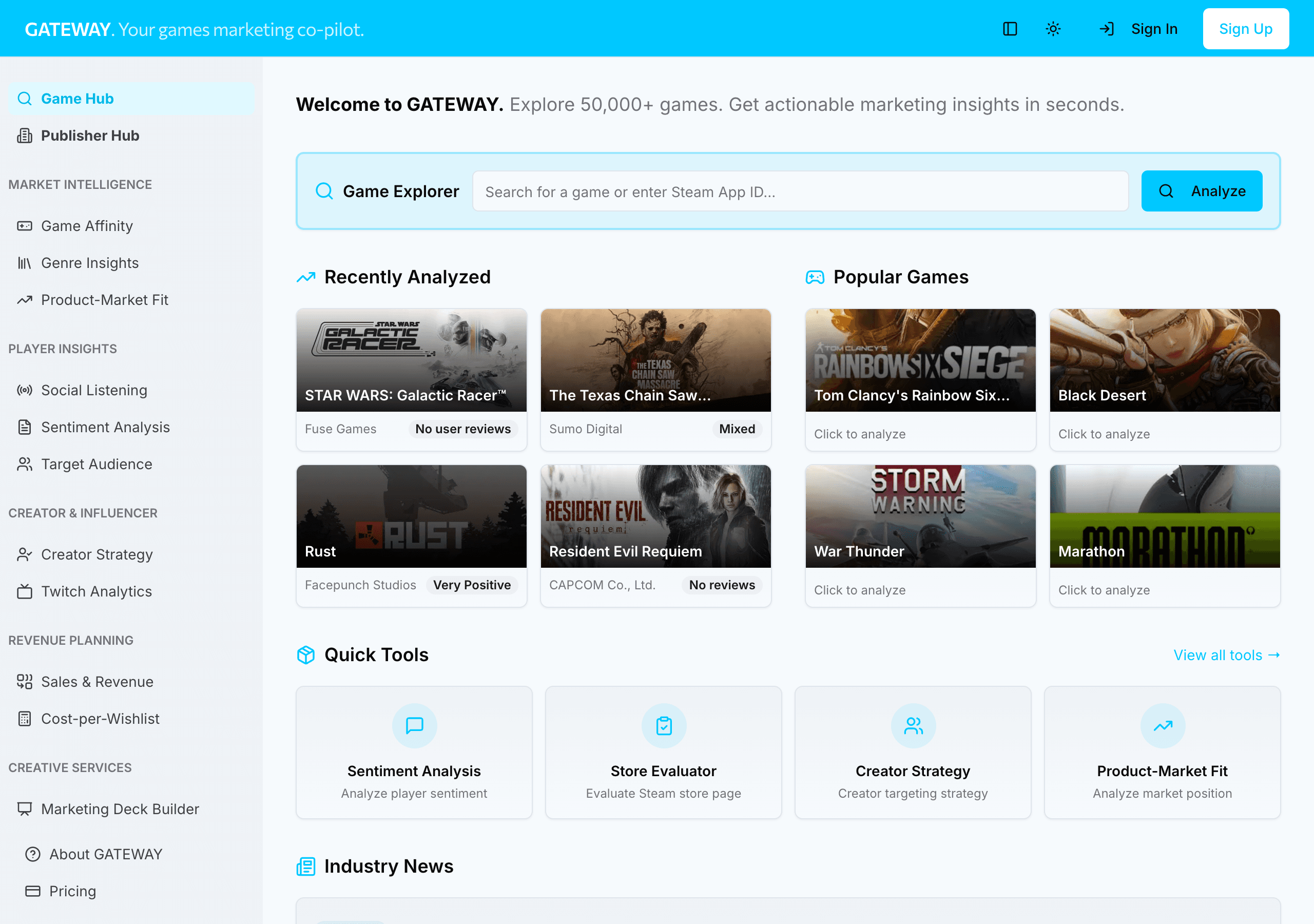 Gateway dashboard — game search, market intelligence, and marketing tools